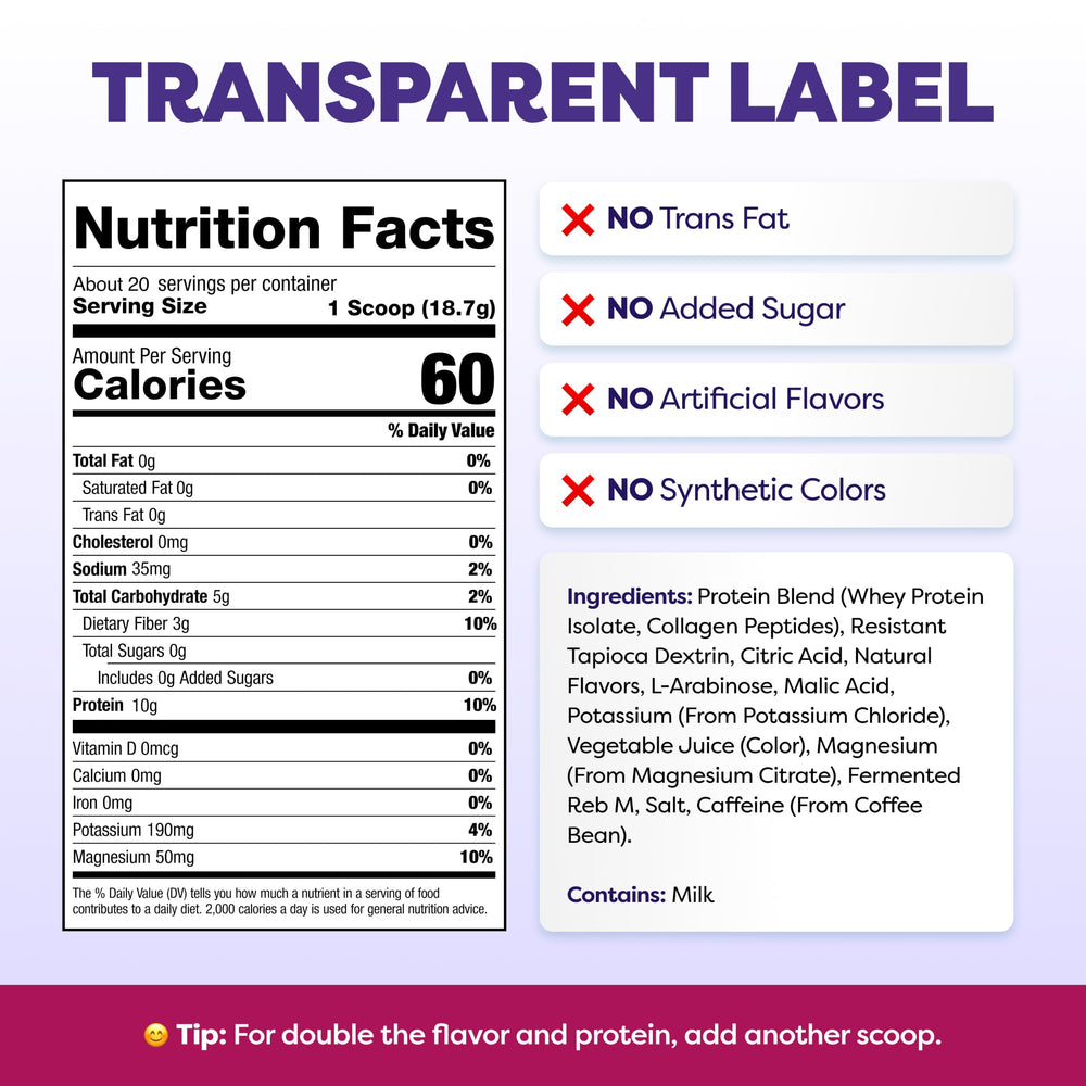Javvy label close-up showing nutrition facts and zero sugar clean ingredients