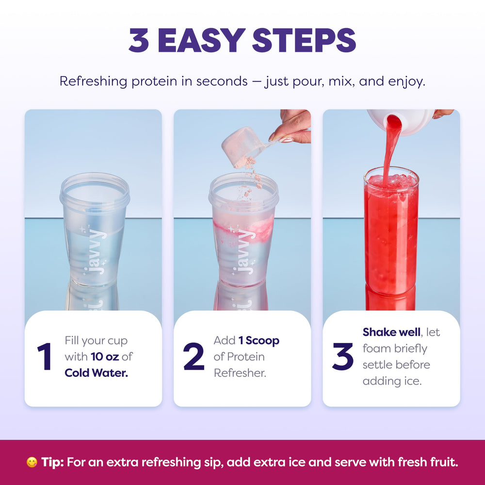 Javvy mixing in a shaker bottle for quick hydration and protein on the go