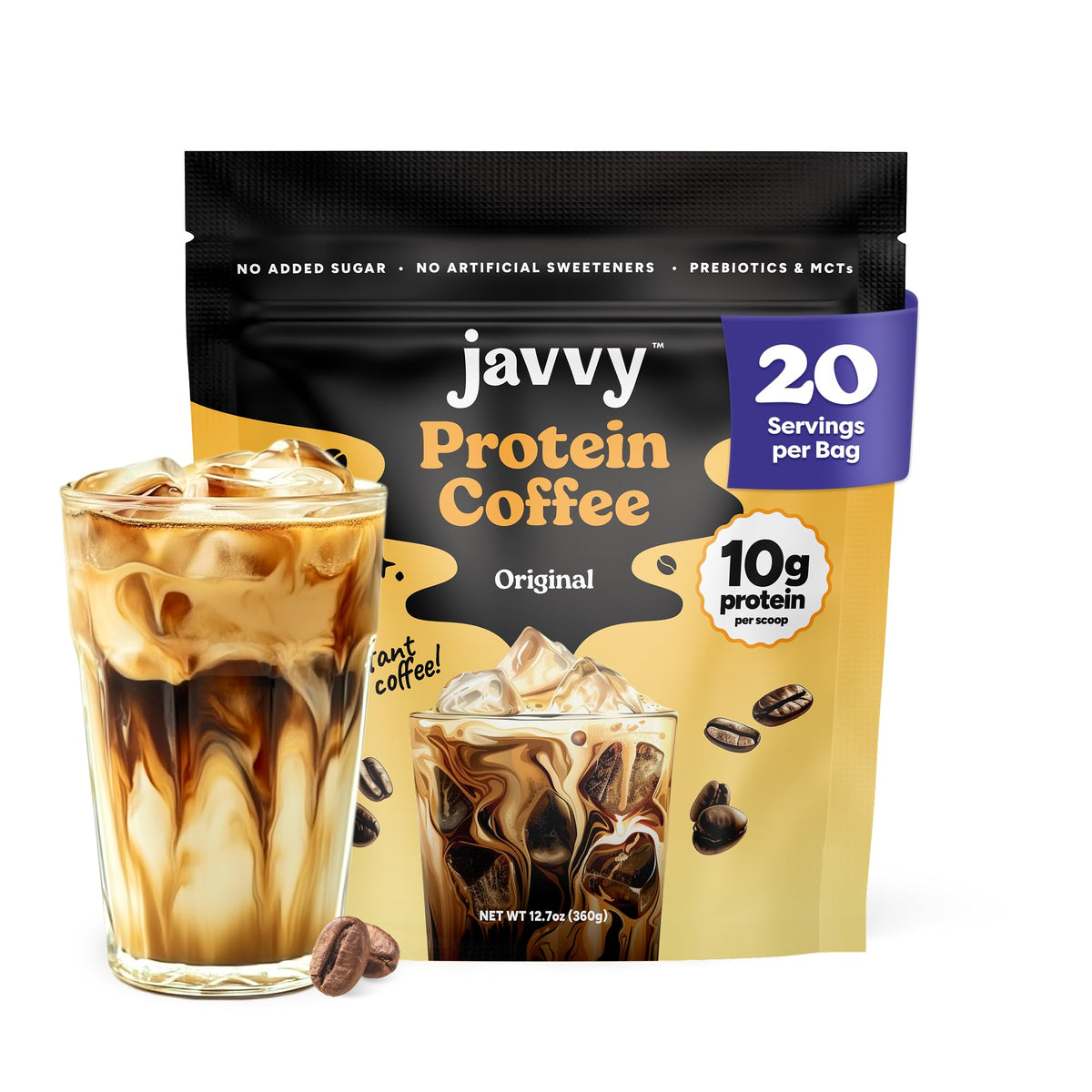 Javvy front packaging showing product and benefits for convenient mornings