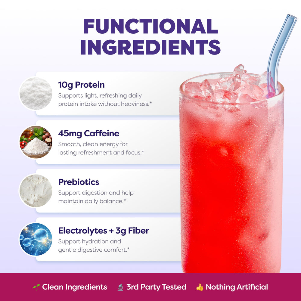 Javvy powder texture close-up highlighting fine, easy-mixing clear whey and collagen