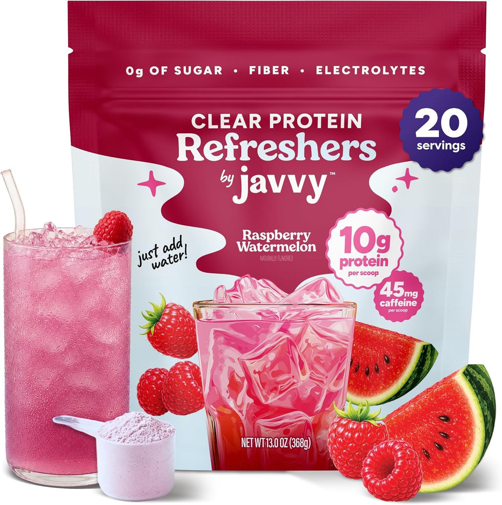 Javvy front packaging showing Raspberry Watermelon flavor and benefits