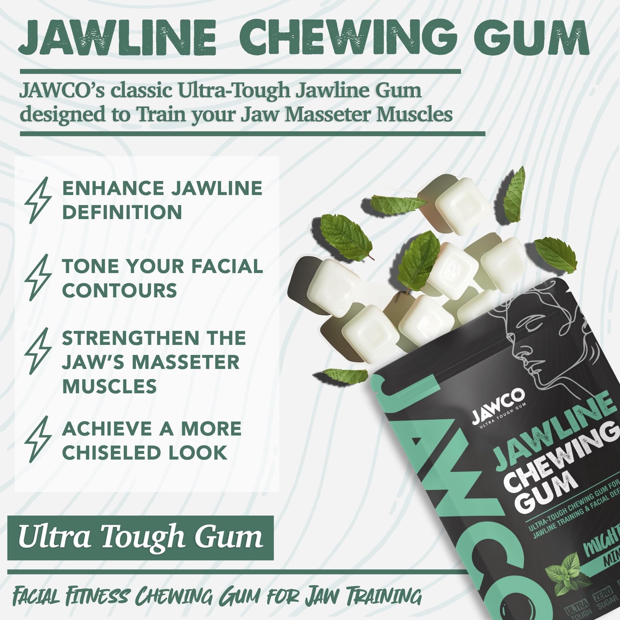 Fresh mint leaves next to JAWCO piece highlighting Mighty Mint flavor benefit