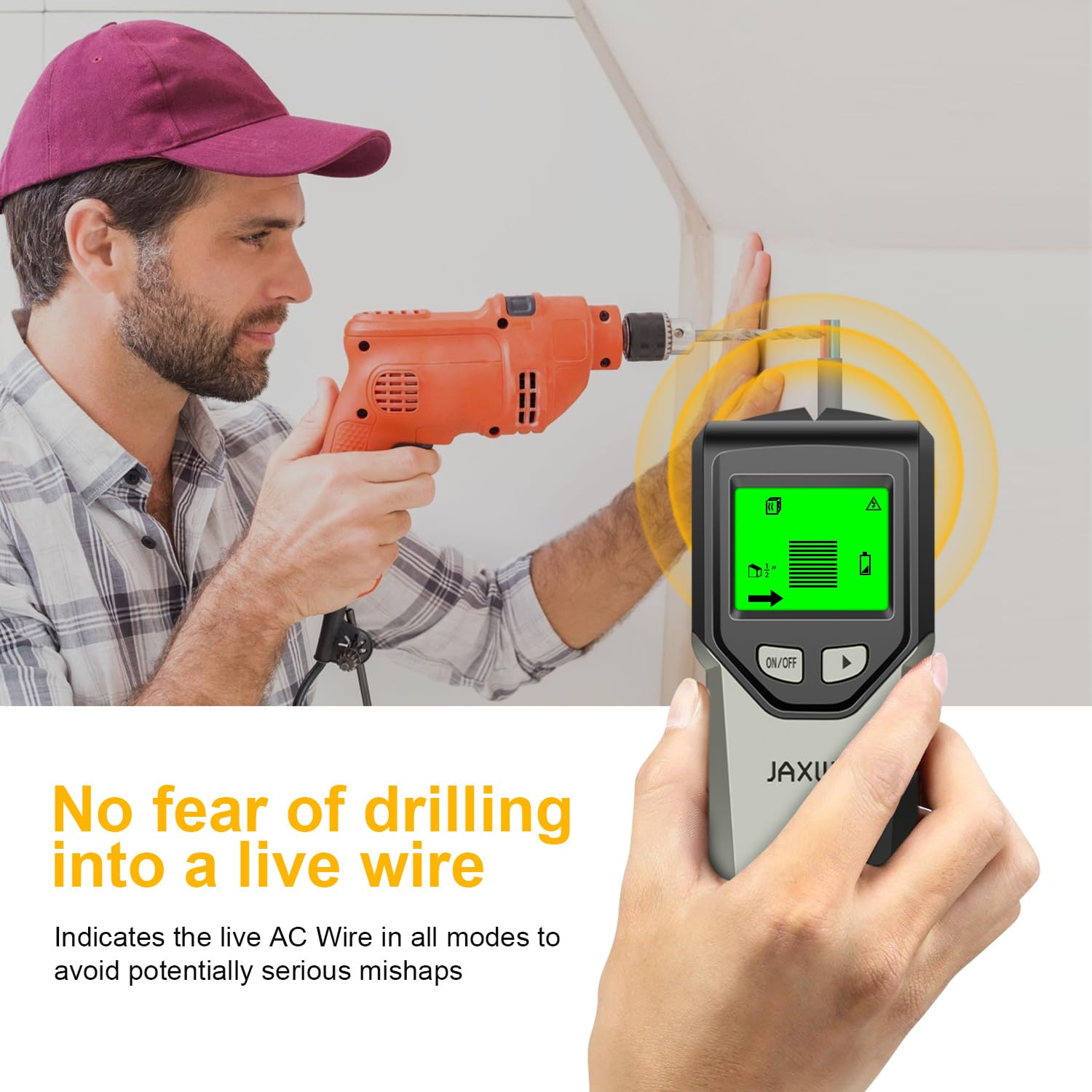 JAXWQ detecting a metal pipe behind wall showing metal-scan alert for safer installs