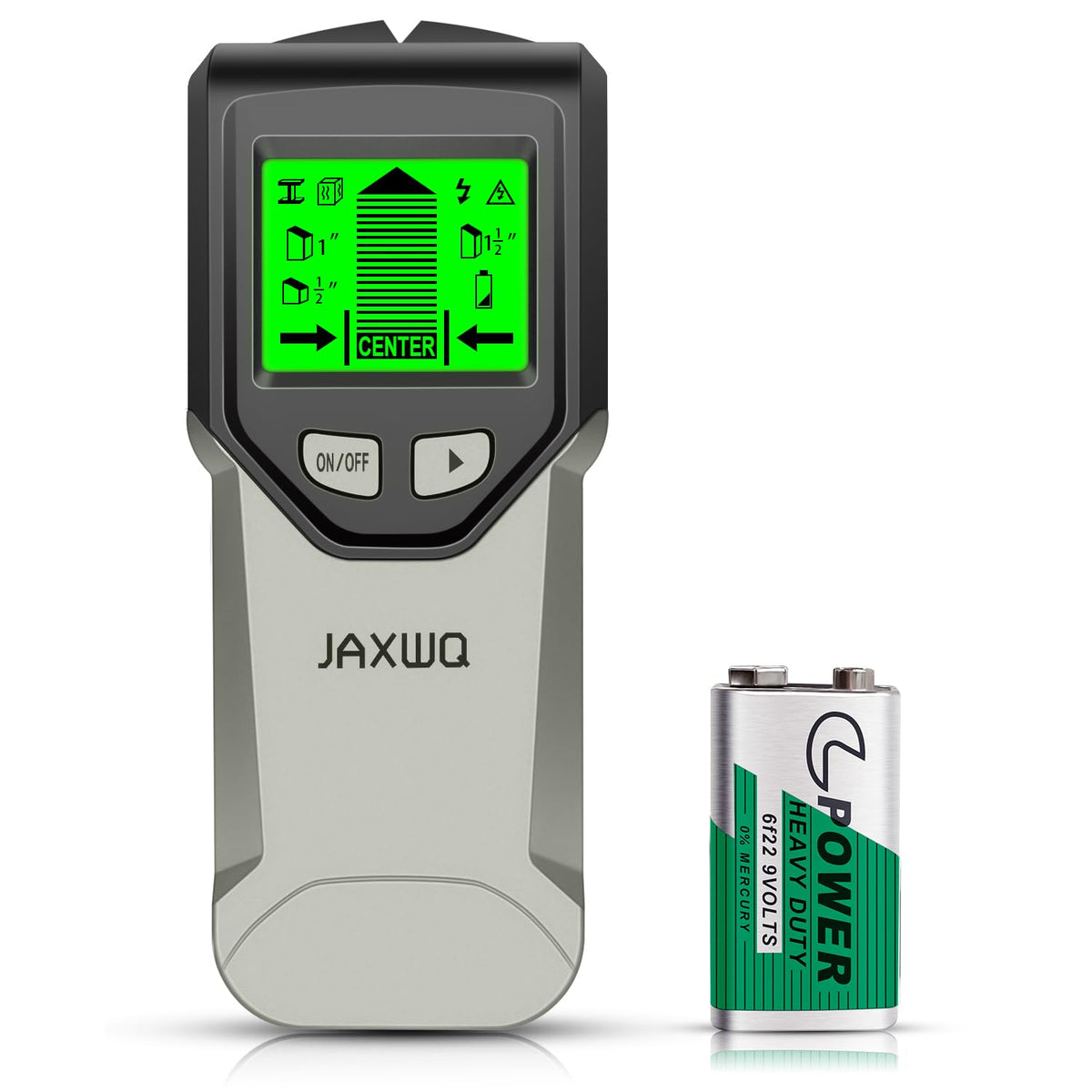 JAXWQ front view of stud finder showing ergonomic buttons and clear LCD, improving accuracy