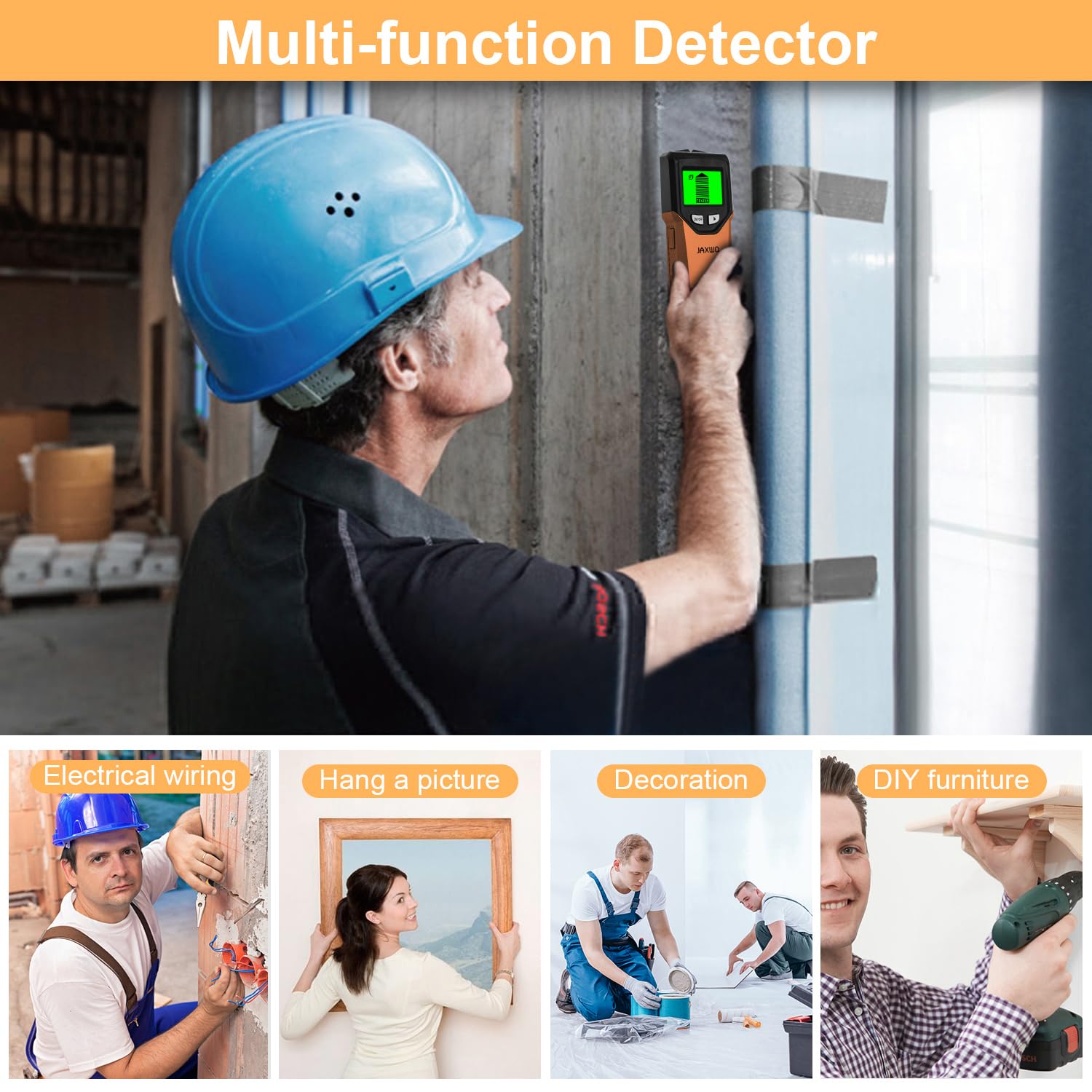 JAXWQ stud finder display highlighting edge and center detection accuracy
