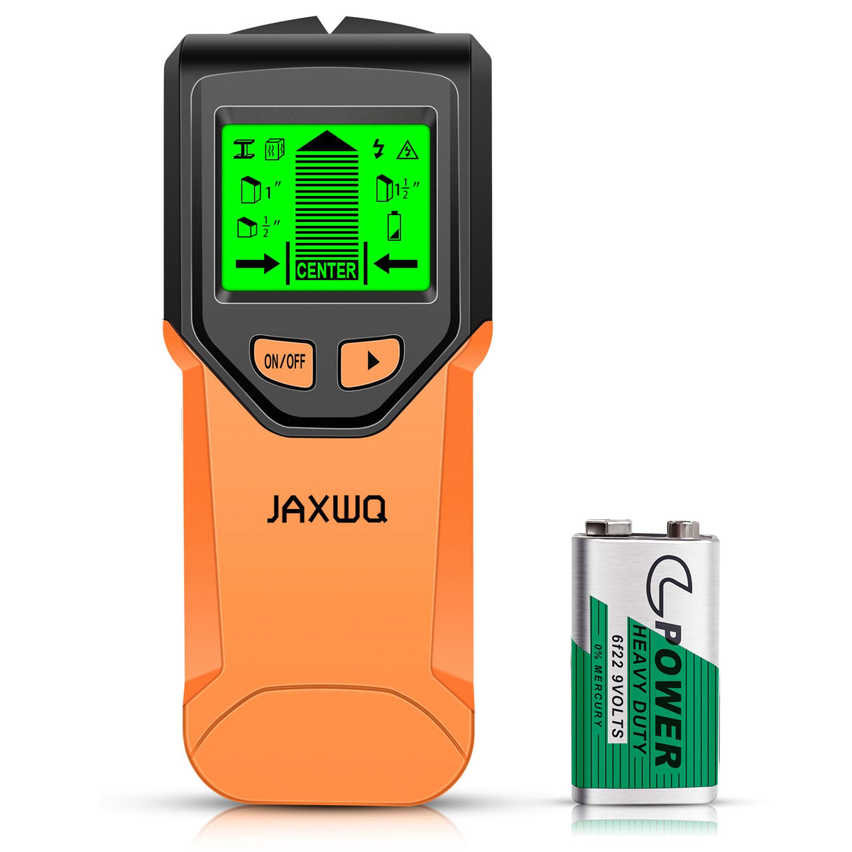 JAXWQ stud finder front panel showing controls and ready for scanning