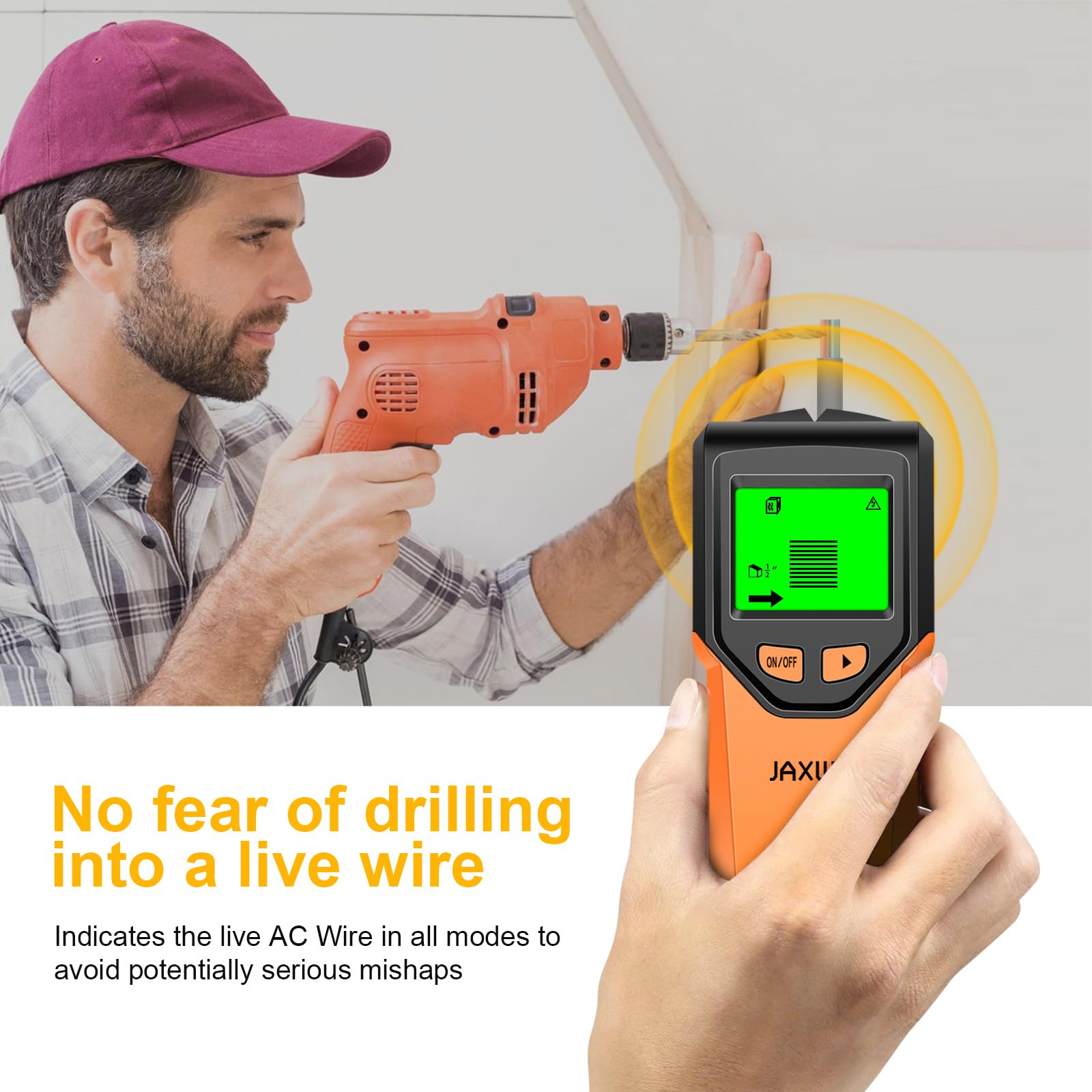 JAXWQ stud finder next to toolbox showing compact size and portability