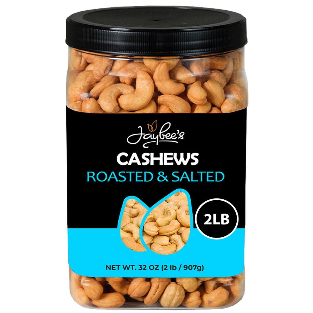 Jaybee's front packaging showing whole roasted cashews and large container benefit