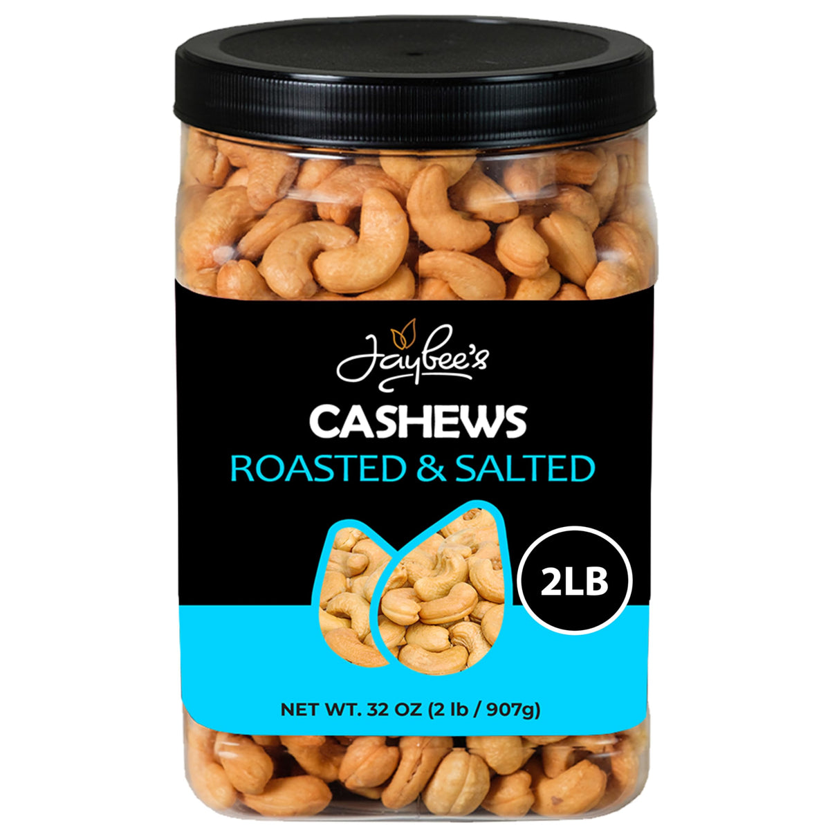 Jaybee's front packaging showing whole roasted cashews and large container benefit