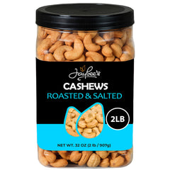 Jaybee's front packaging showing whole roasted cashews and large container benefit