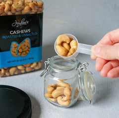 Jaybee's open jar top view showing fresh nuts and airtight storage benefit