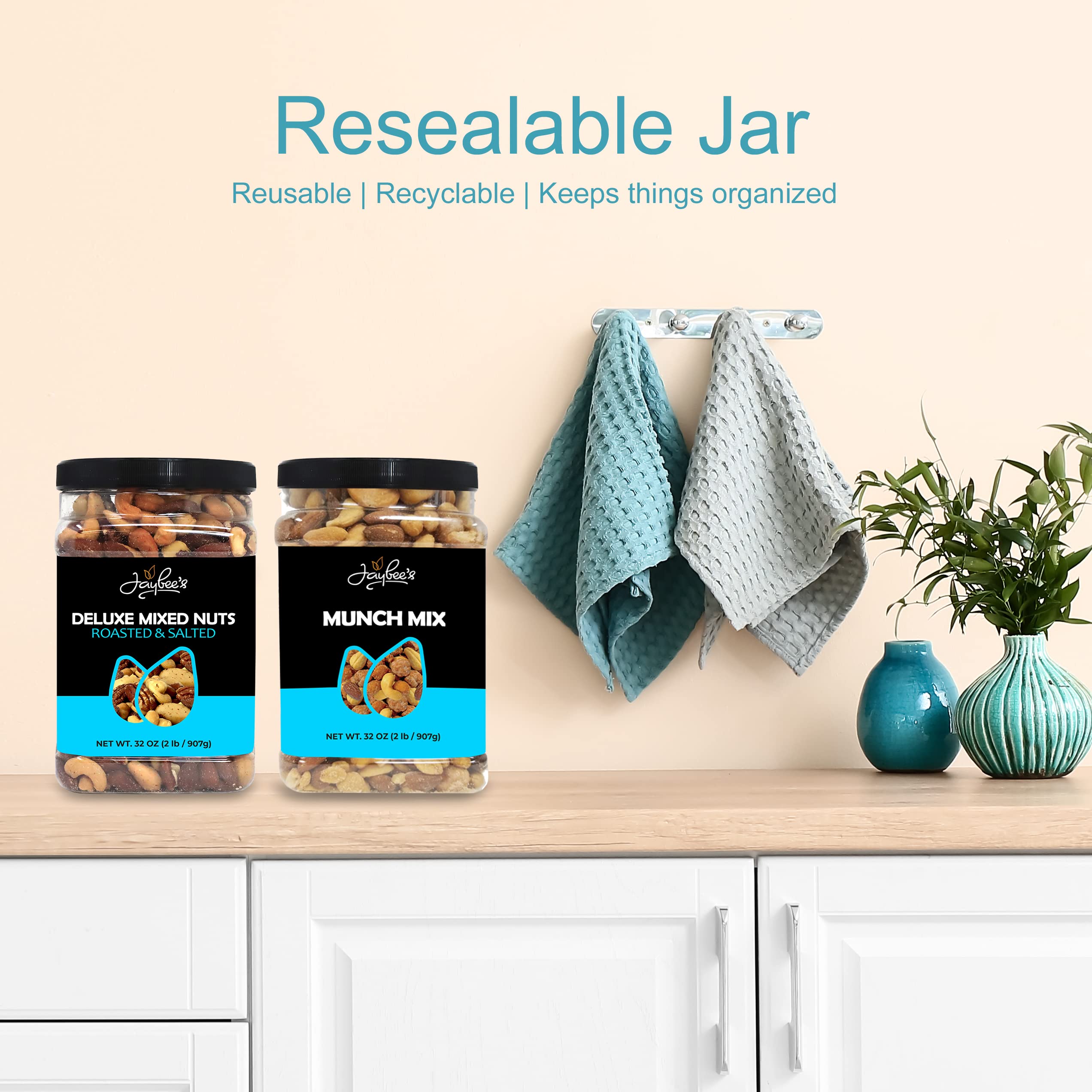 Jaybee's container beside fruit showing 32 oz size and pantry value