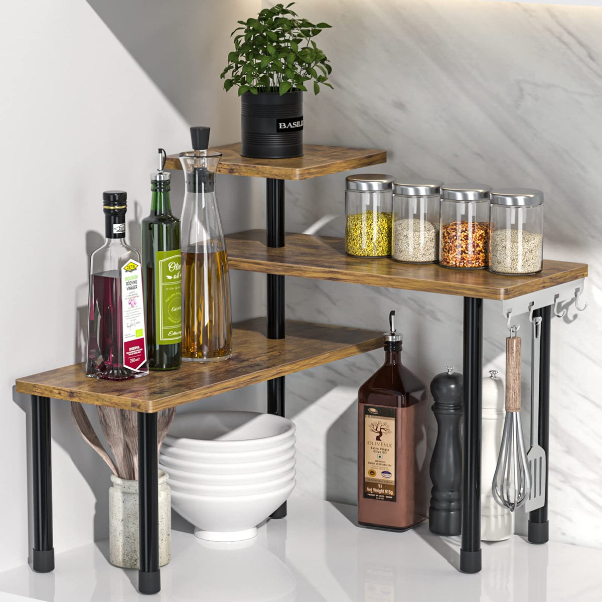 JayRex front view of rustic brown corner shelf showing organized spices and mugs benefit: saves counter space