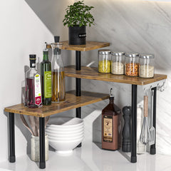 JayRex front view of rustic brown corner shelf showing organized spices and mugs benefit: saves counter space