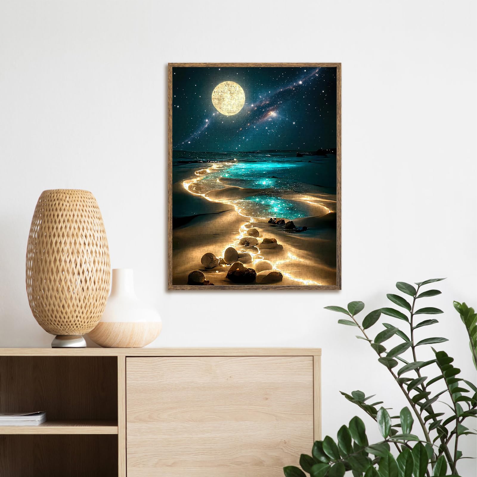 Jazcimdo finished puzzle flat lay showing full moonlit beach scene perfect for framing