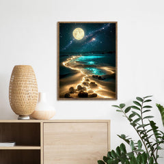 Jazcimdo finished puzzle flat lay showing full moonlit beach scene perfect for framing
