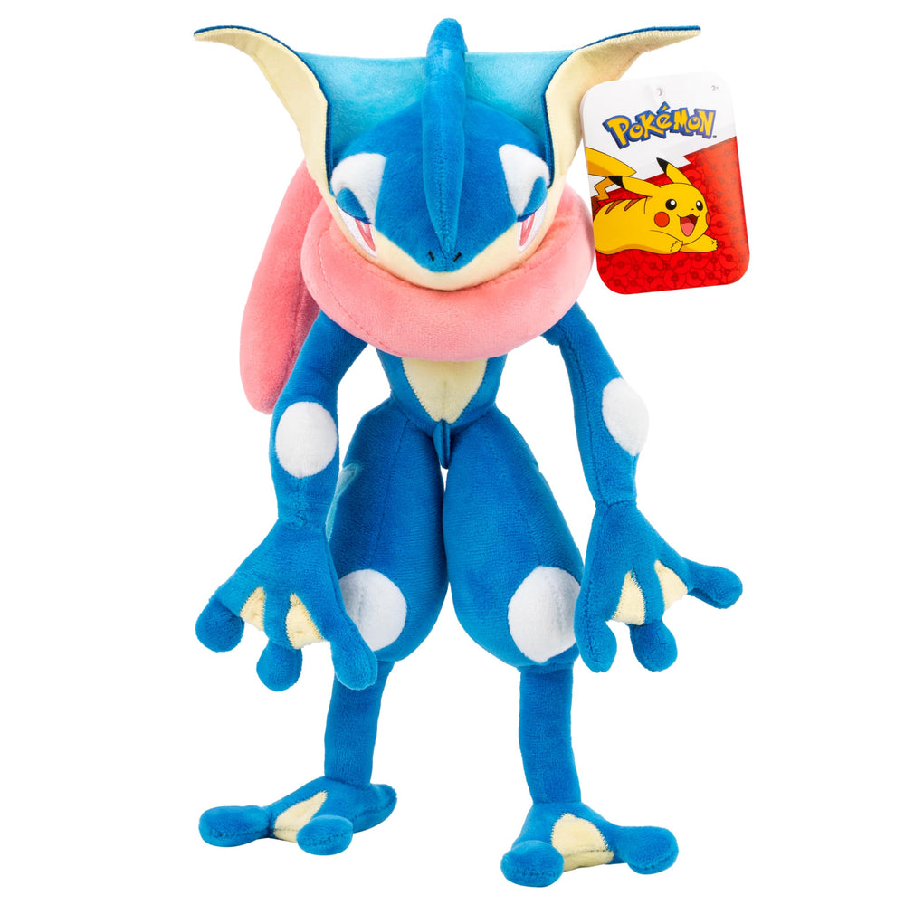 Jazwares Greninja on a bed in a kid's room showing display charm