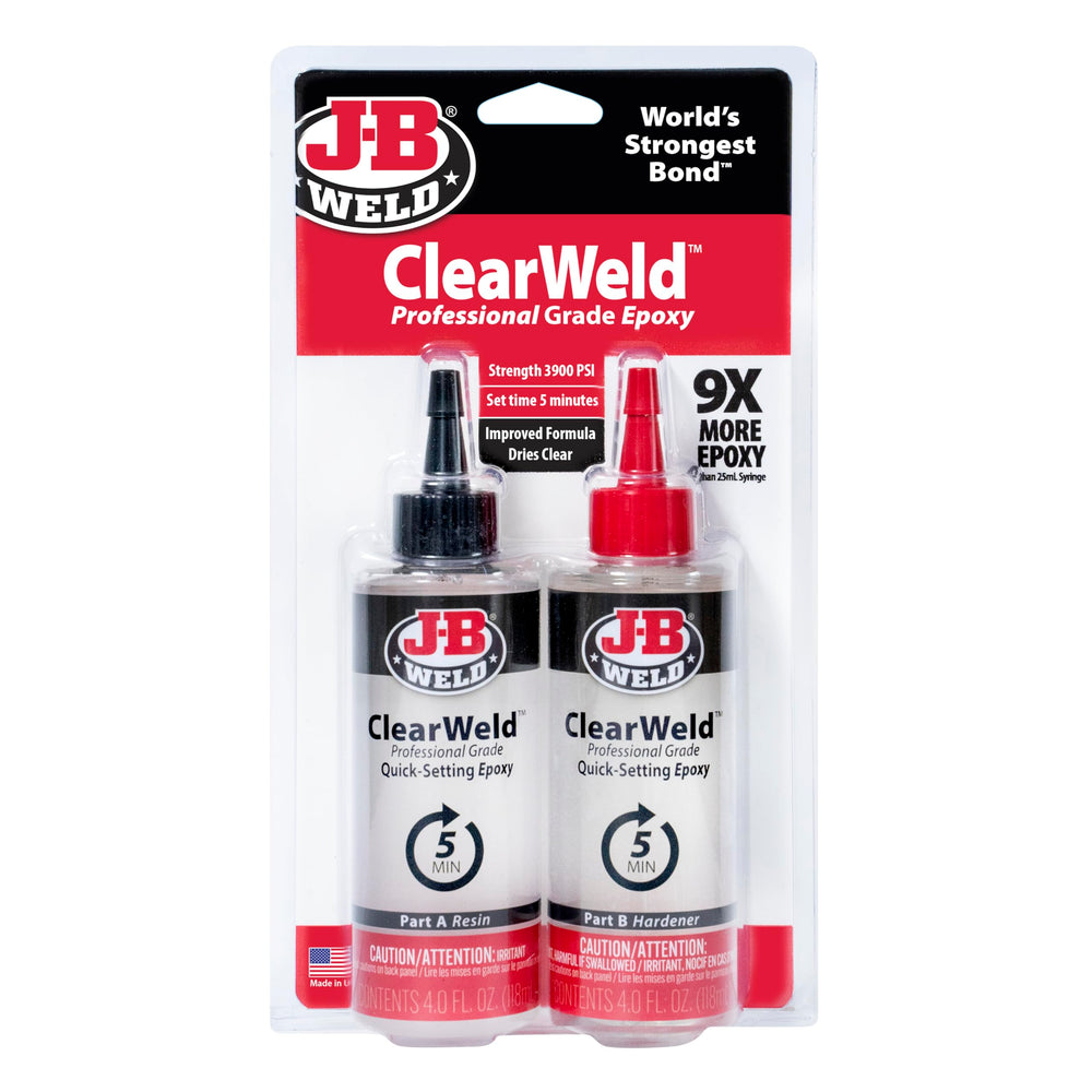 J-B Weld clearweld pro front packaging showing kit and benefits