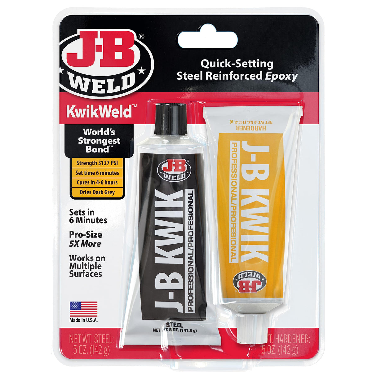 J-B Weld front packaging showing twin 5 oz tubes and product benefits