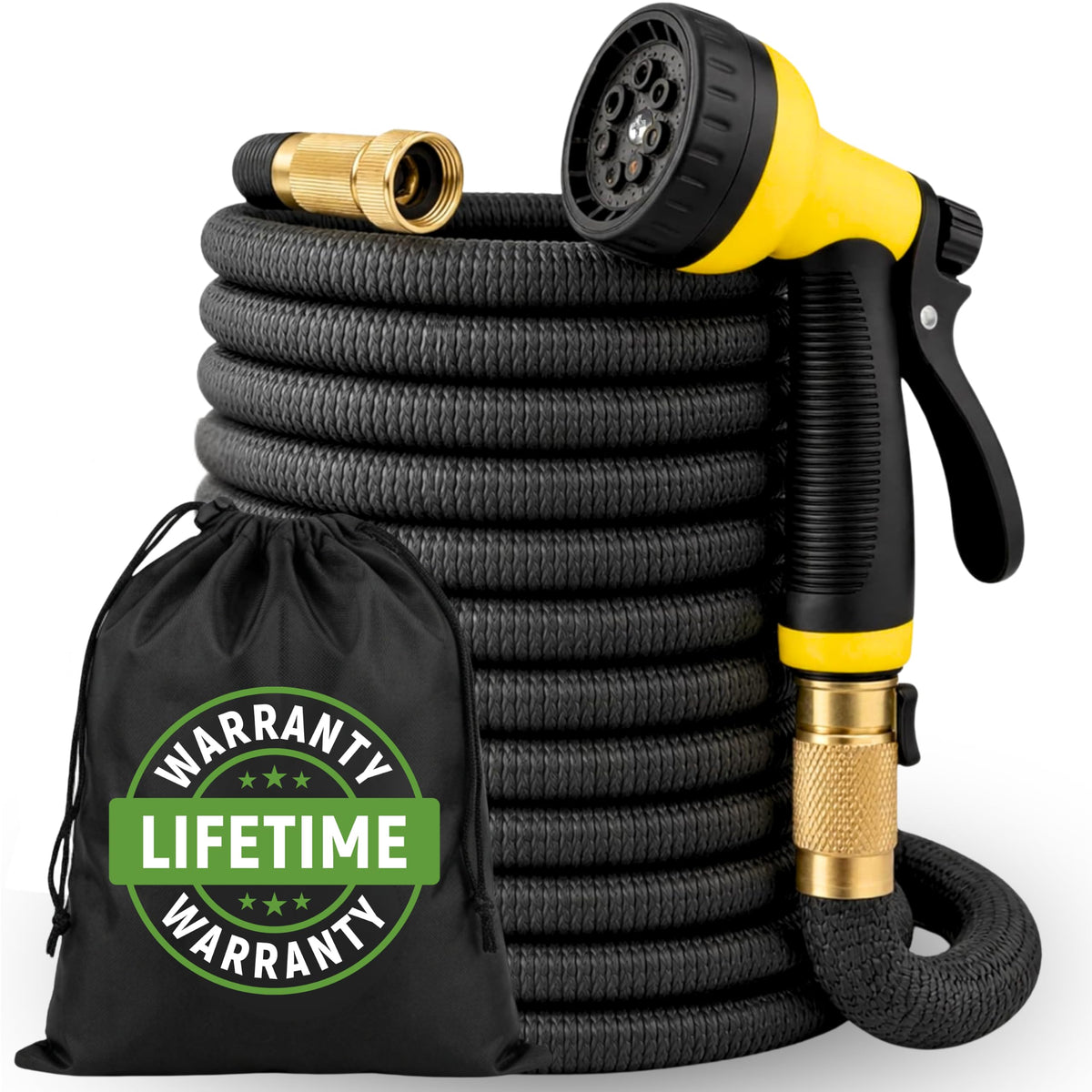 J&B front packaging view showing compact expandable hose and accessories benefit: easy storage