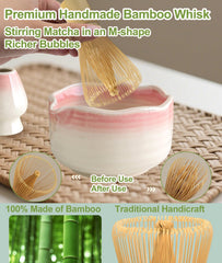 JBER stainless sifter and bamboo scoop arranged for clump-free, measured matcha benefit