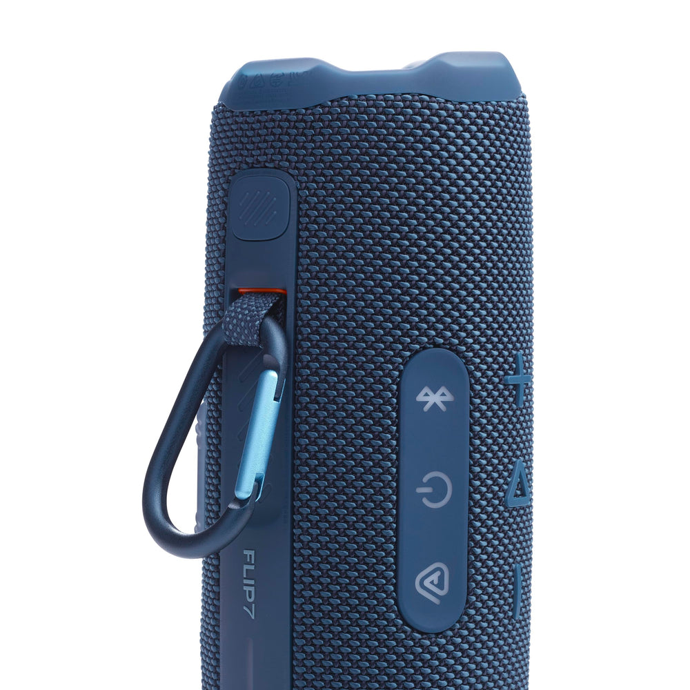 JBL Flip 7 PushLock loop and carabiner shown for easy carrying