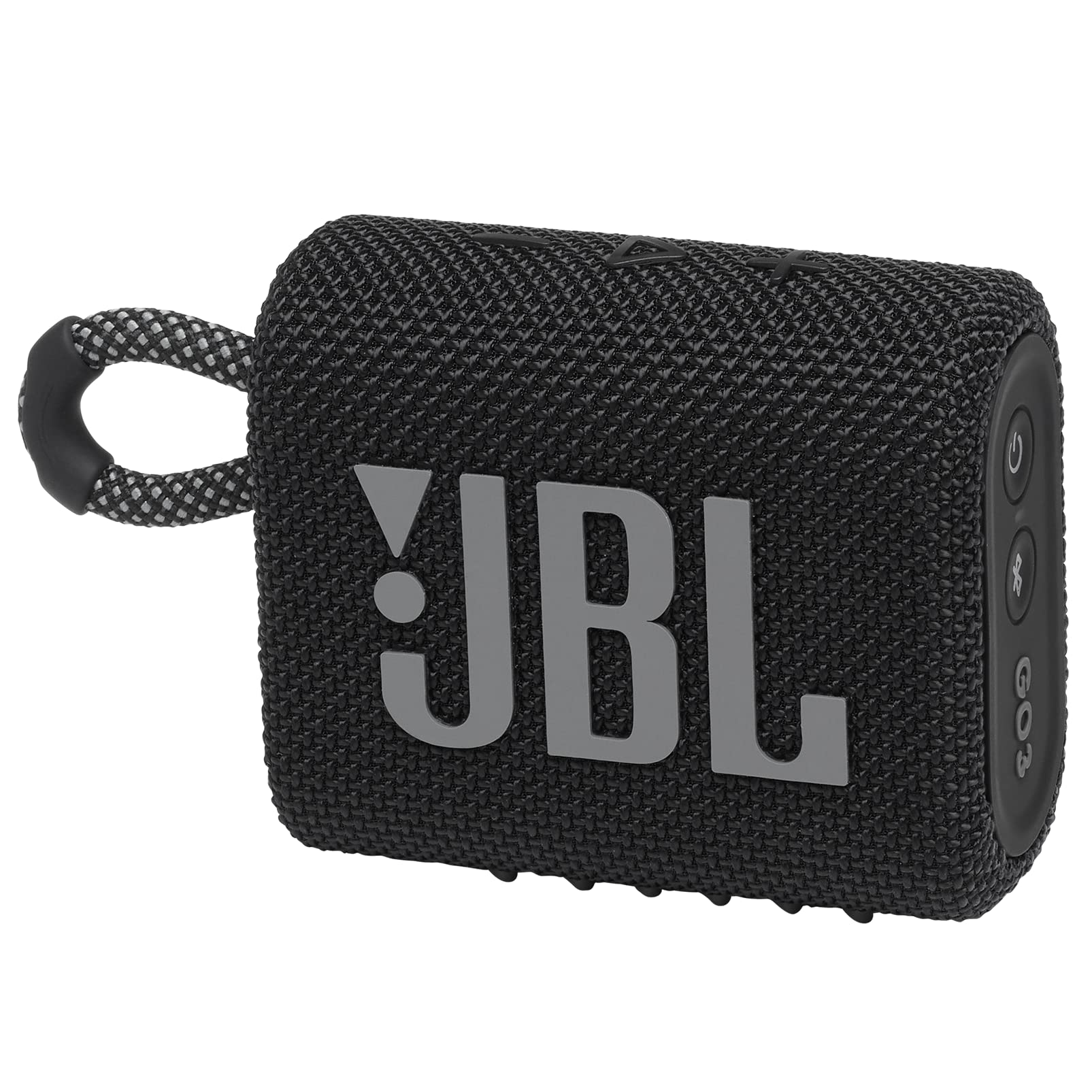 JBL Go 3 front-facing speaker showing grill and logo, clear sound benefit