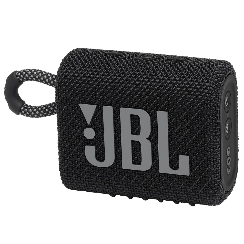 JBL Go 3 front-facing speaker showing grill and logo, clear sound benefit