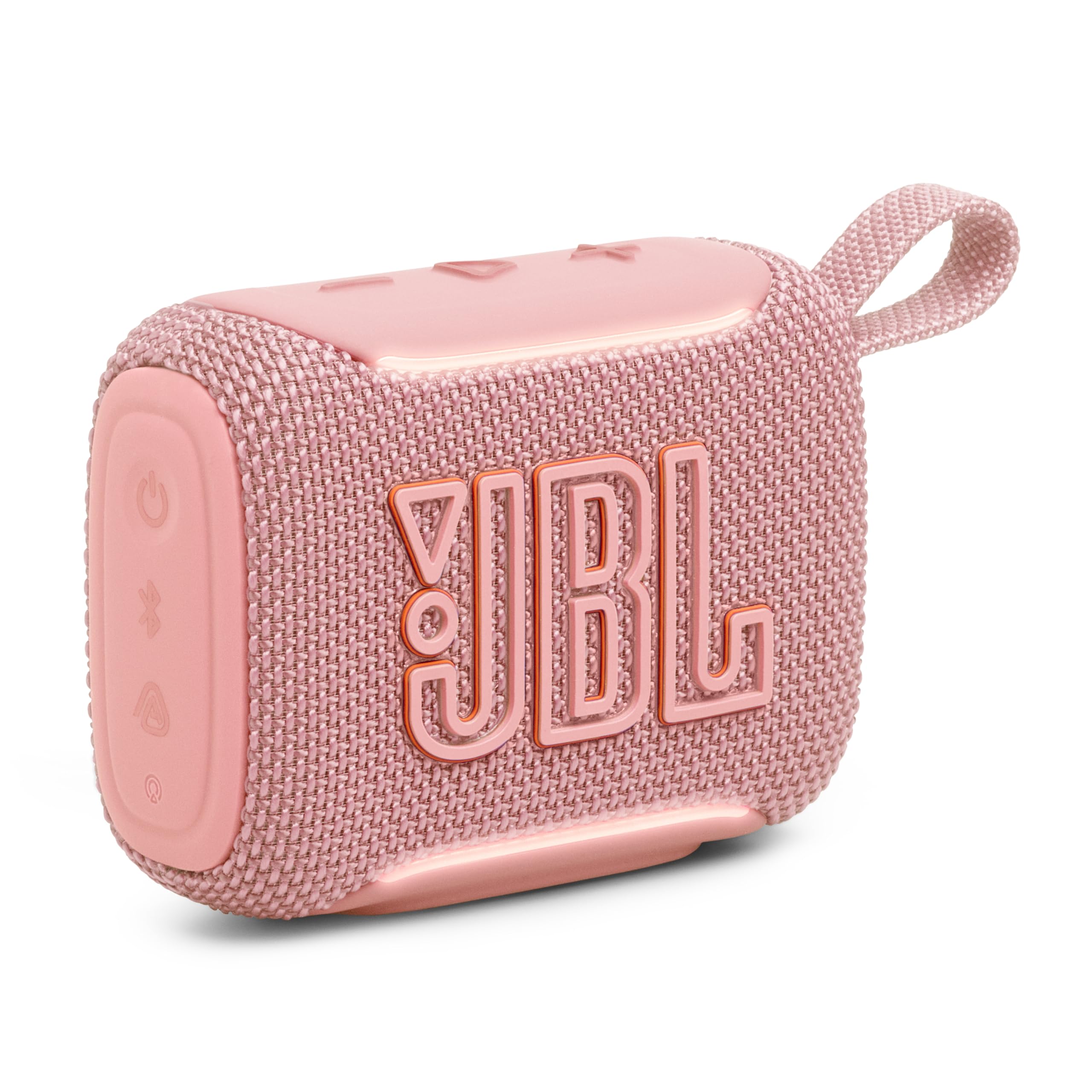 JBL Go 5 front view in pink showing grille and compact benefit