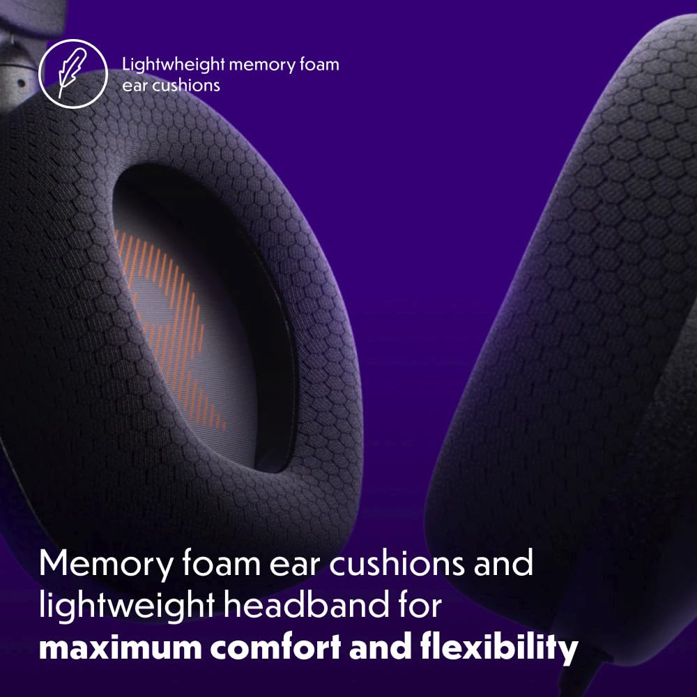 JBL Quantum 100M2 earcup closeup showing breathable fabric and memory foam comfort