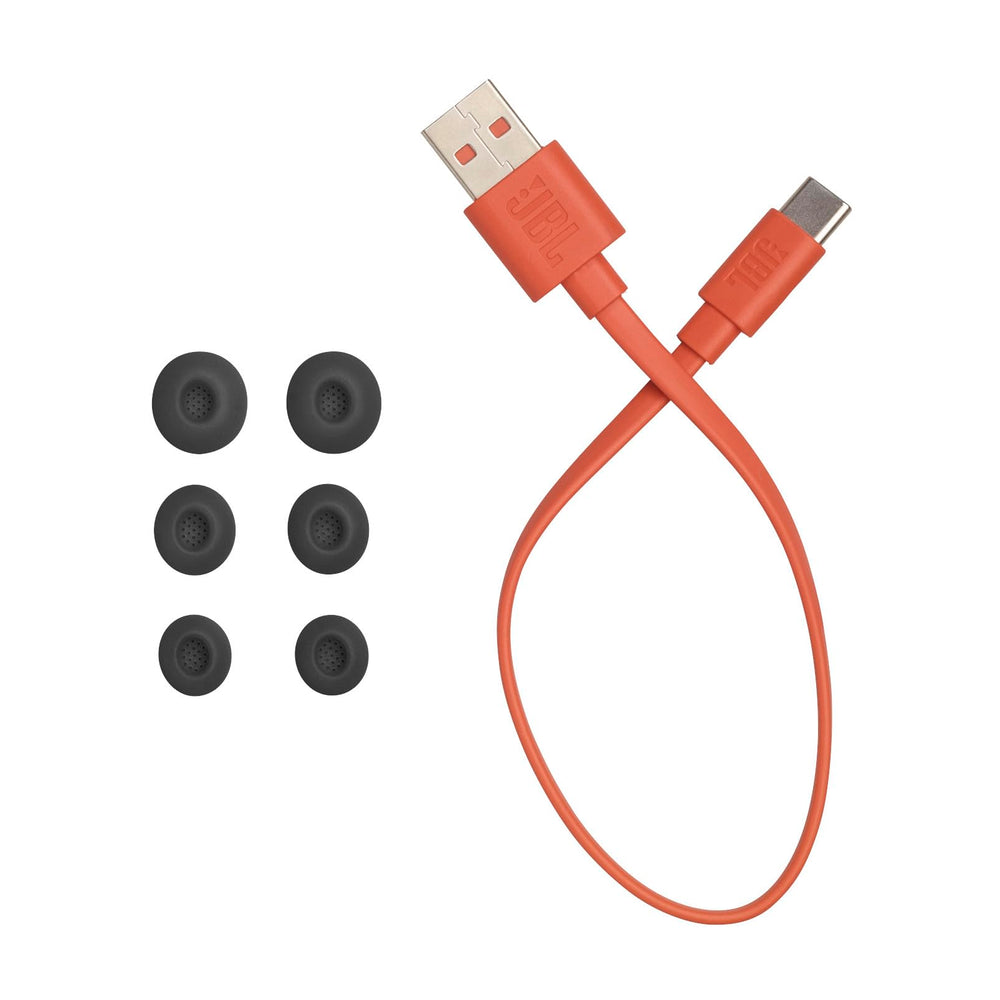 JBL Tune Buds 2 charging case open displaying earbuds and battery status benefit