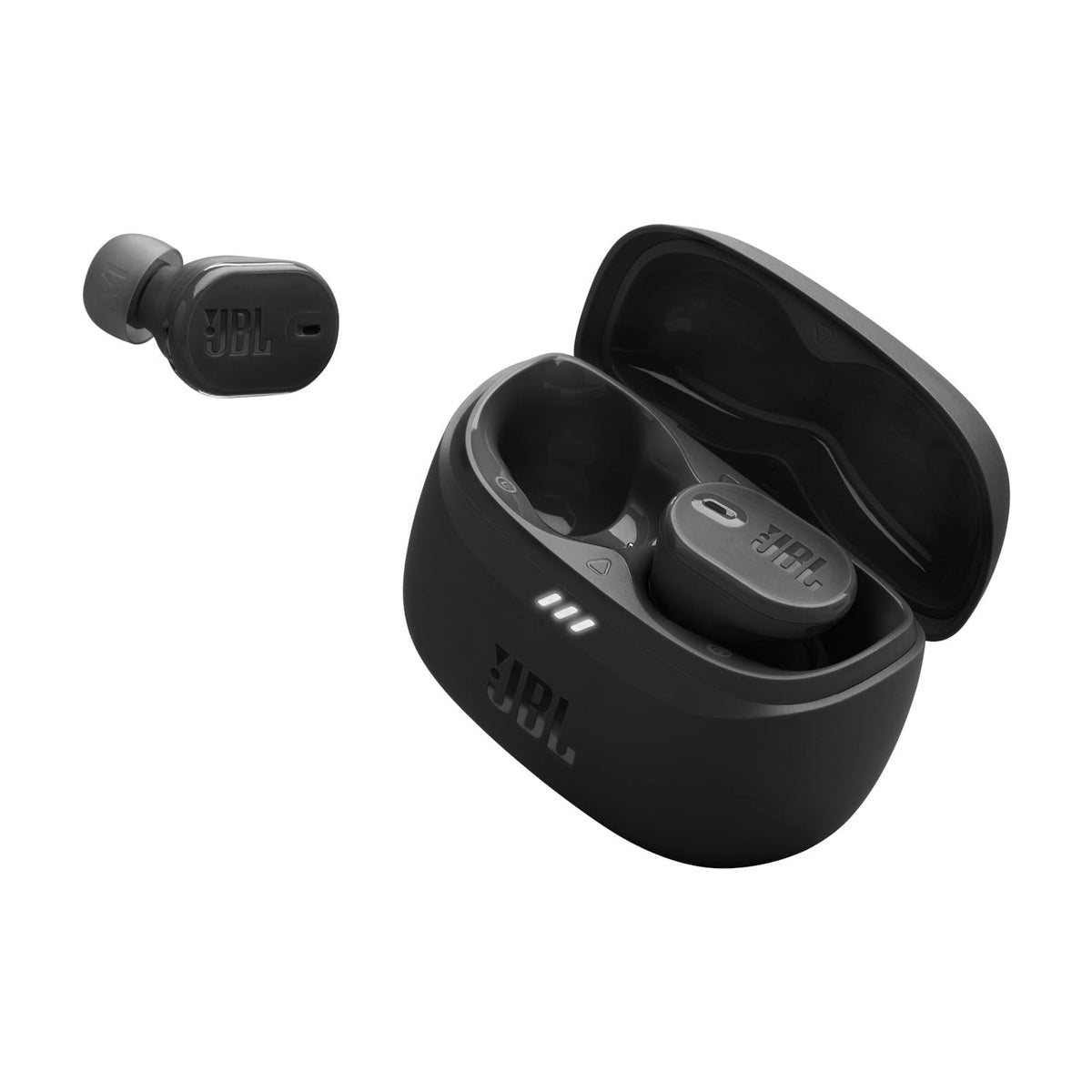 JBL Tune Buds 2 front view showing compact black design and ergonomic fit