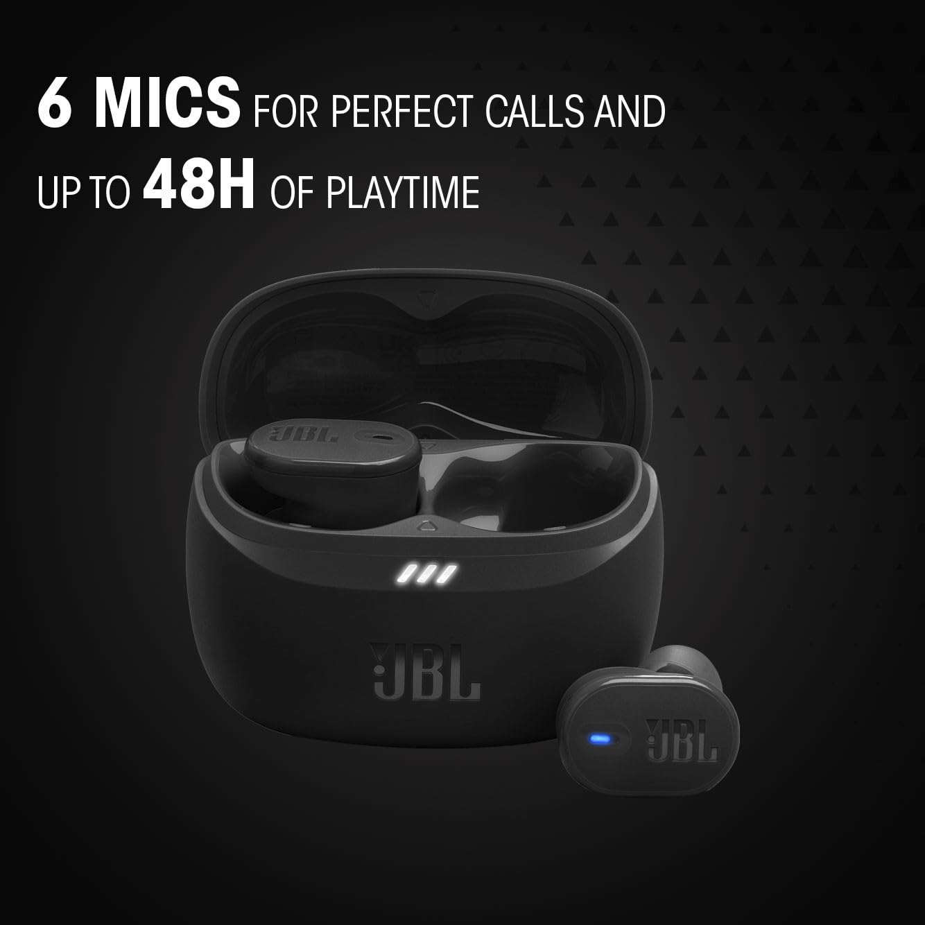 JBL Tune Buds 2 with water splashes illustrating IP54 resistance for outdoor use
