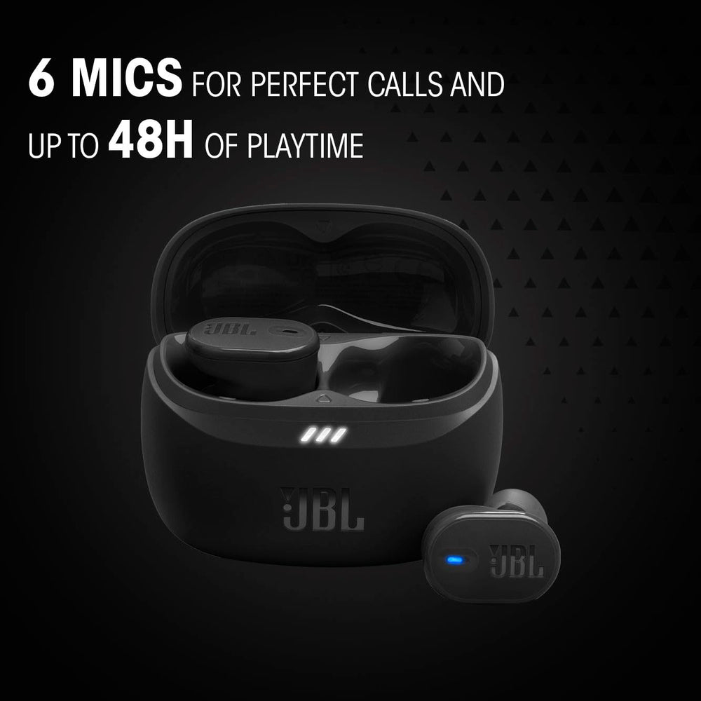 JBL Tune Buds 2 with water splashes illustrating IP54 resistance for outdoor use