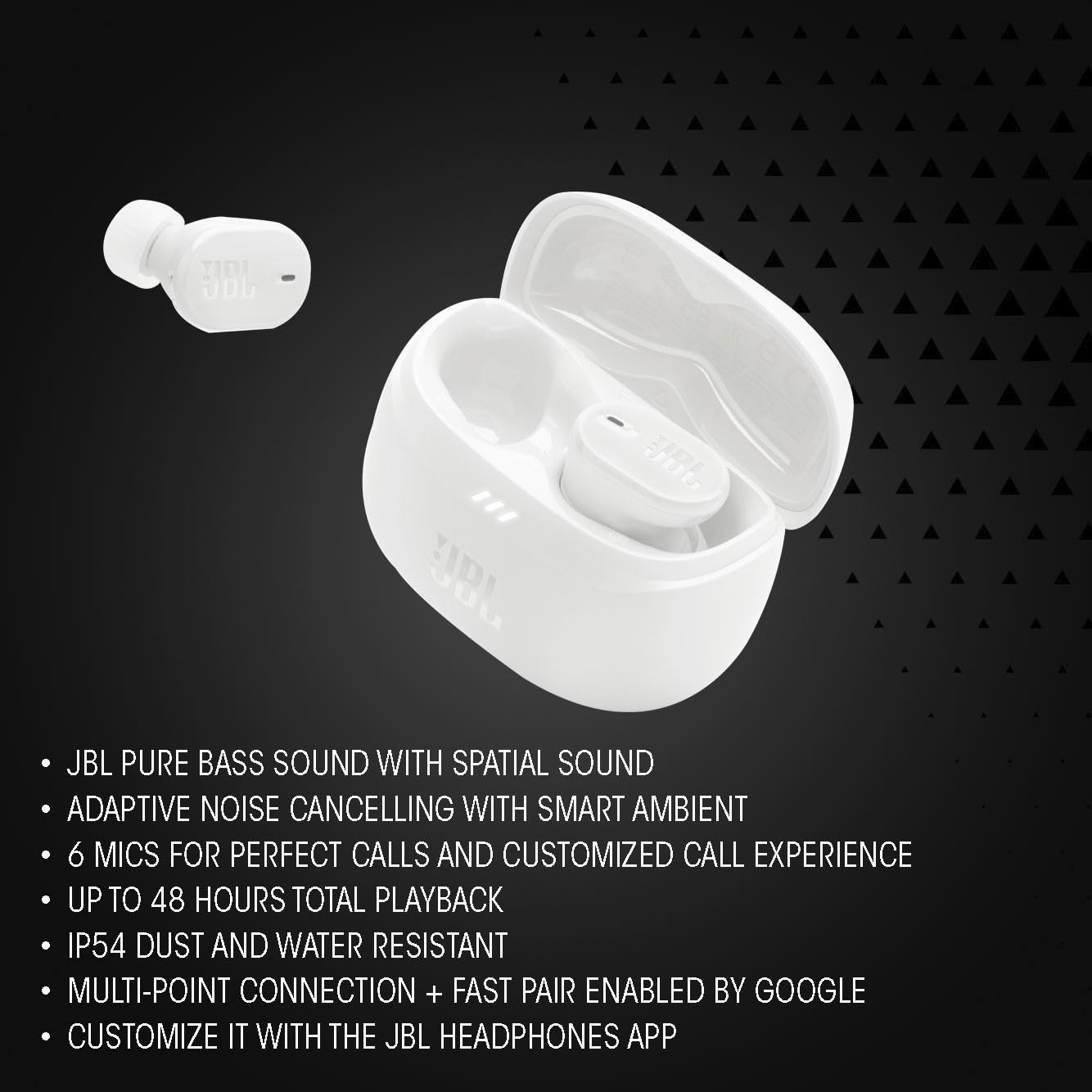 JBL Tune Buds 2 worn in ear demonstrating secure fit and comfortable wear