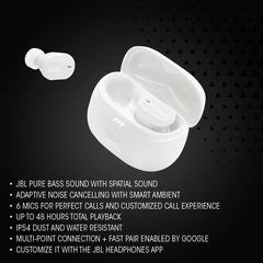 JBL Tune Buds 2 worn in ear demonstrating secure fit and comfortable wear