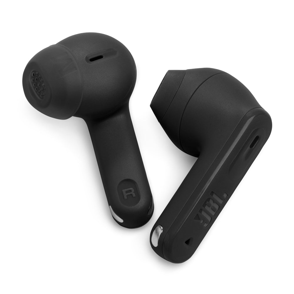 JBL Tune Flex 2 earbuds splashed with water droplet, signaling water and dust resistance for active lifestyles