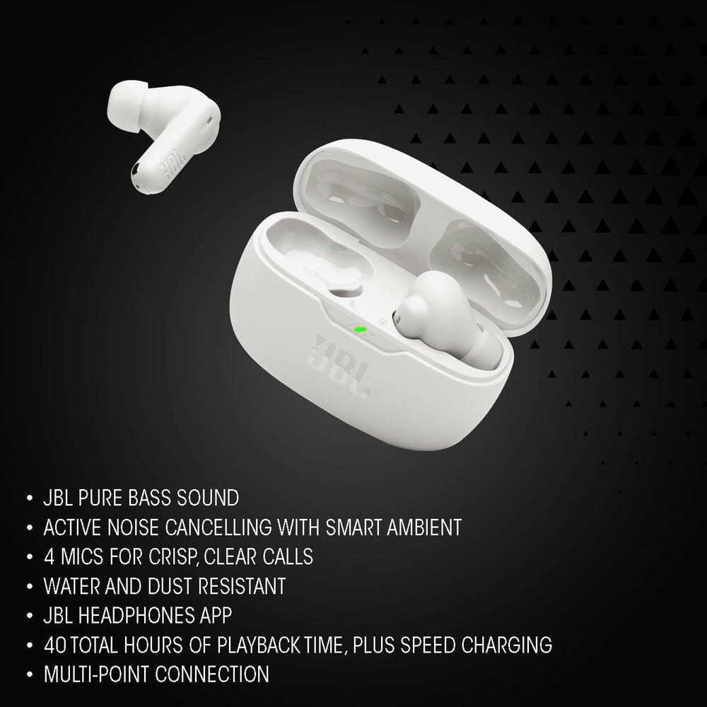 JBL Vibe Beam 2 earbud close-up showing driver detail and precision audio performance