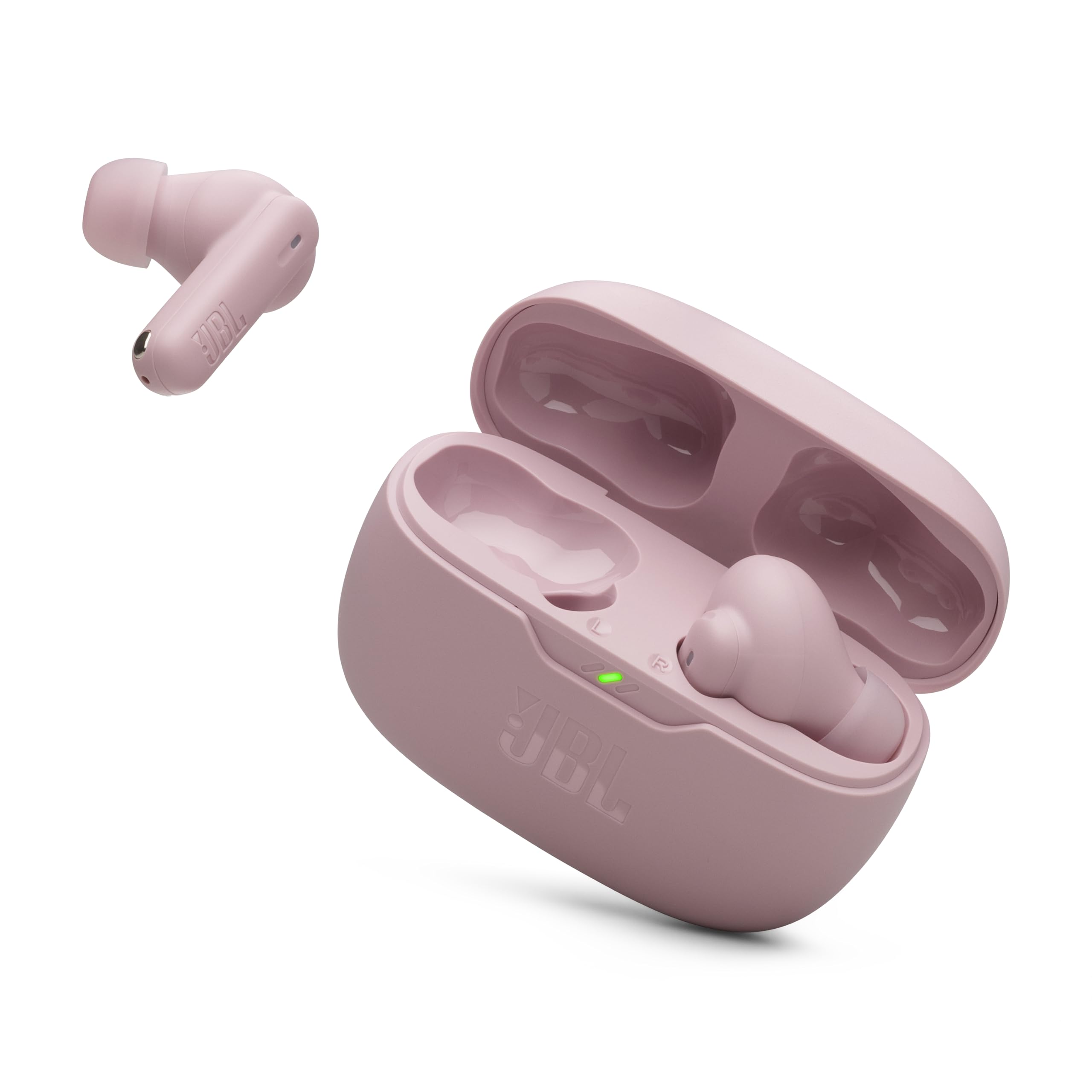 JBL Vibe Beam 2 front view in pink showing compact case and earbuds for portable sound