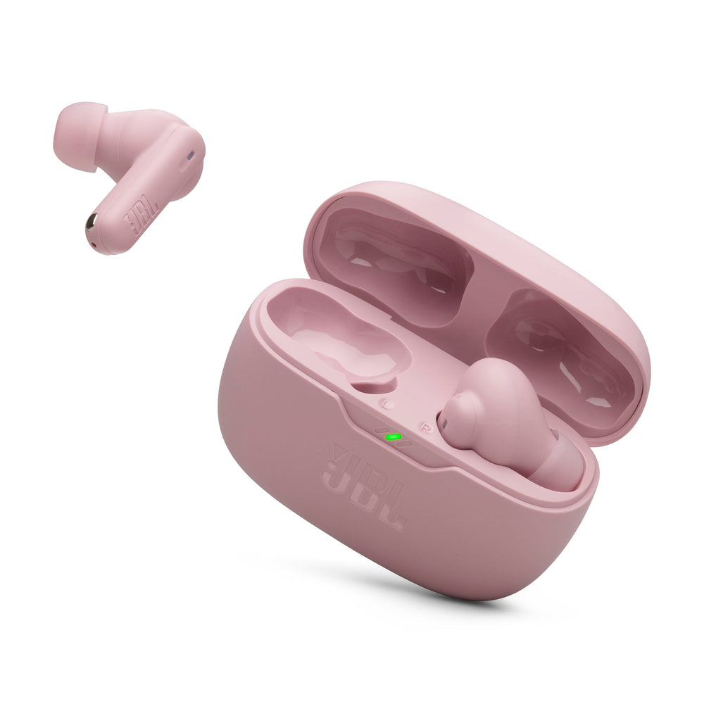 JBL Vibe Beam 2 front view in pink showing compact case and earbuds for portable sound