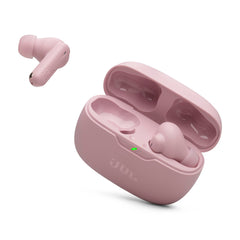 JBL Vibe Beam 2 front view in pink showing compact case and earbuds for portable sound