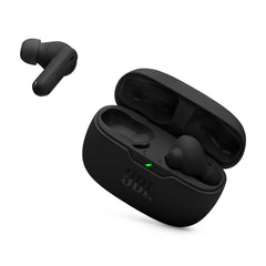 JBL Vibe Beam 2 front view showing sleek black finish and compact case for easy portability