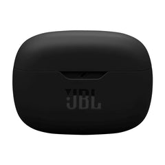 Model wearing JBL Vibe Beam 2 earbuds demonstrating secure in-ear fit for active use