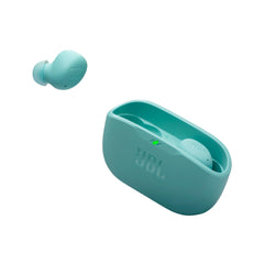 JBL Vibe Buds 2 charging case next to a phone to show compact size and extended playback benefit