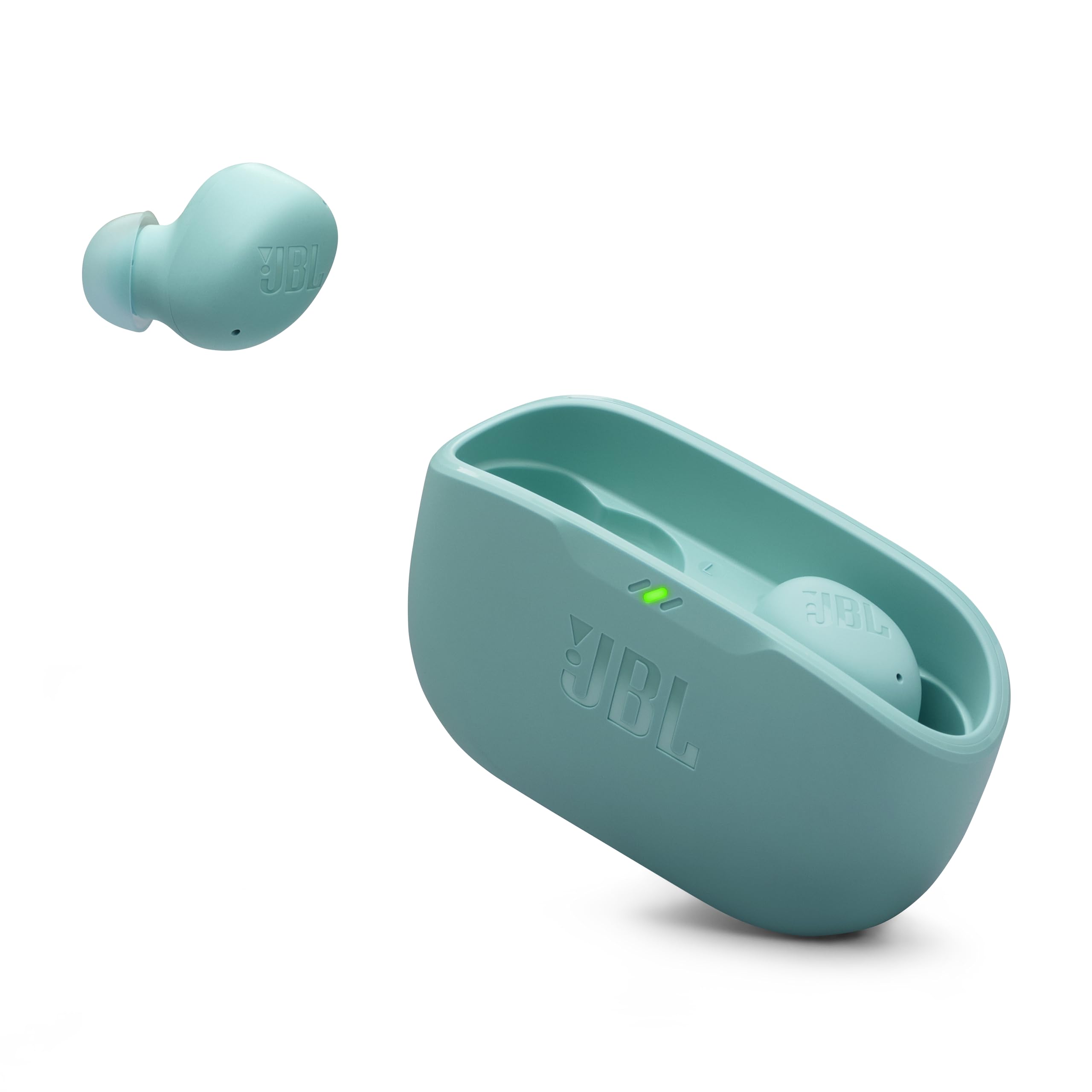 JBL Vibe Buds 2 front view with open case showing earbuds and benefit of portable charging