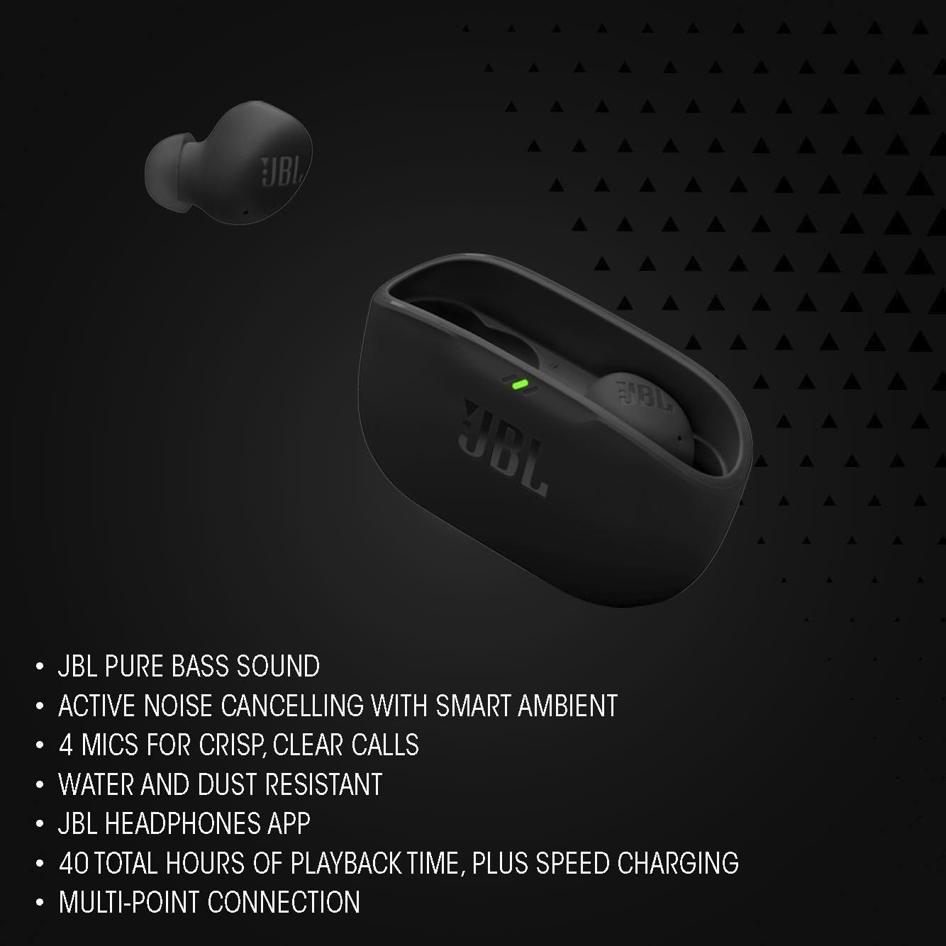 JBL Vibe Buds 2 earbud touch surface being tapped showing easy control without phone