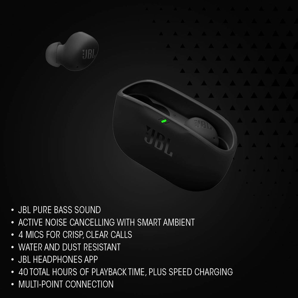JBL Vibe Buds 2 earbud touch surface being tapped showing easy control without phone