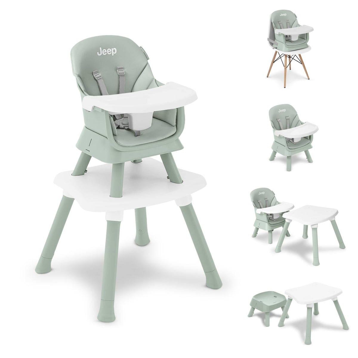 Delta Children front view high chair in sage green showing compact footprint and modern style
