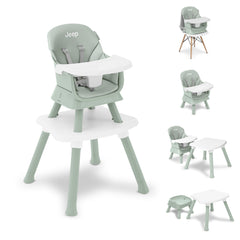 Delta Children front view high chair in sage green showing compact footprint and modern style