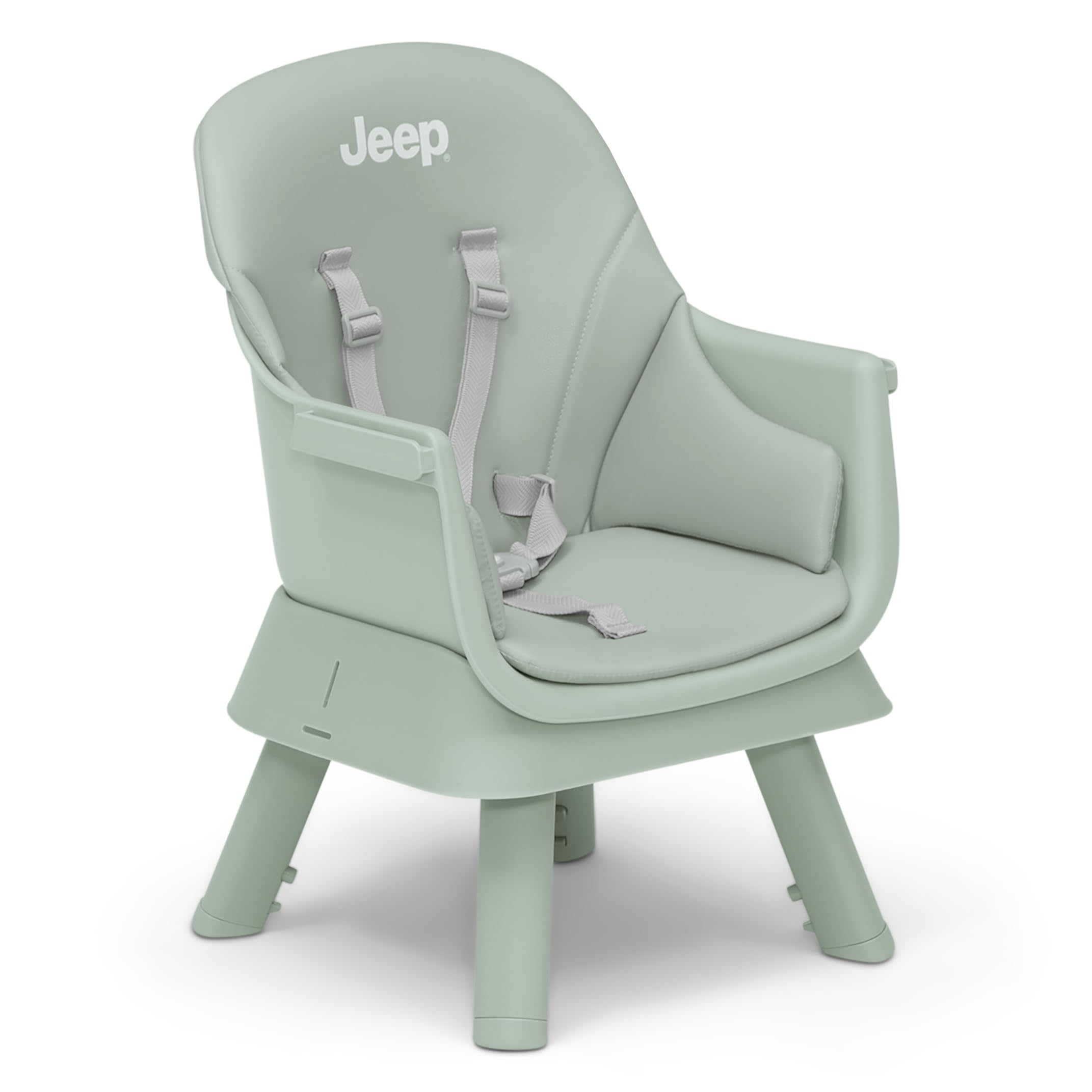 Delta Children high chair beside adult chair for scale to judge home fit and size